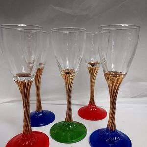 Vintage Cordial Glasses Gold Twisted Stem Red/Blue and Green 5.